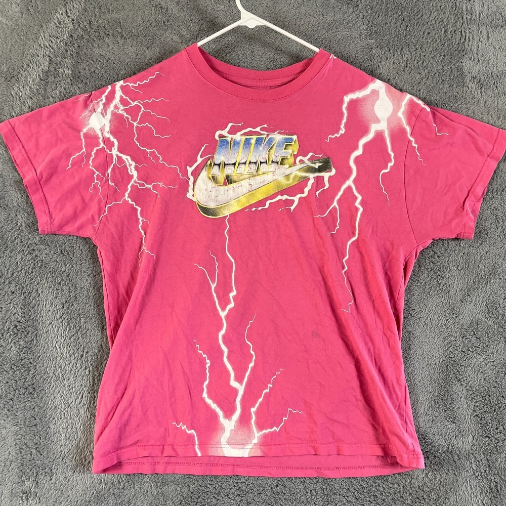 Nike World Order Lightning T-Shirt Mens Large Pink Graphic Swoosh Logo Pullover